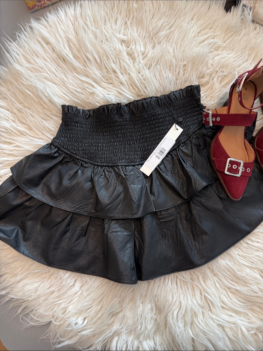 NWT Mustard Seed Black Tiered Faux-Leather Mini Skirt Sz M